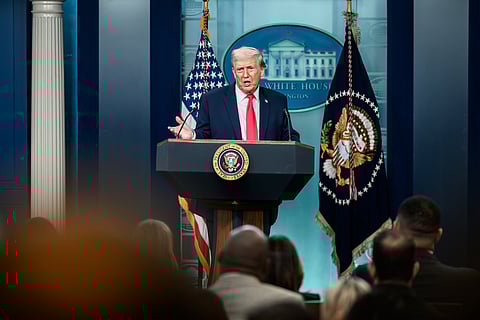 President Donald Trump addresses members of the media in the James S. Brady Press Briefing Room, Tuesday, January 20, 2026.