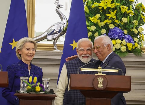 The leaders of India and the EU witnessed the exchange of MoUs in New Delhi on January 27, 2026.