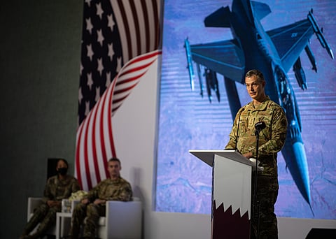Alexus G. Grynkewich, the Supreme Allied Commander Europe (SACEUR) delivers a commemorative speech during a change of command ceremony at Al Udeid Air Base, Qatar, July 21, 2022