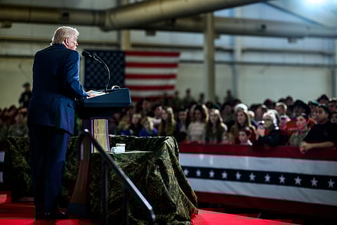 President Donald Trump delivers remarks to military families at Fort Bragg, North Carolina, Friday, February 13, 2026.