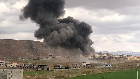 An Israeli attack on the village of Duris, in Lebanon's Bekaa Valley, 10 April 2026.