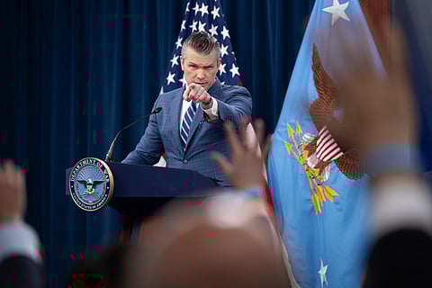 Secretary of Defense Pete Hegseth at a press briefing on Operation Epic Fury at the Pentagon, USA on April 8, 2026.