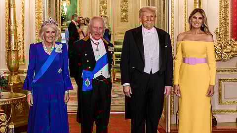 Charles III and Camilla, King and Queen of the United Kingdom with Donald and Melania Trump in 2025 at Windsor Castle State Banquet on 17 September 2025