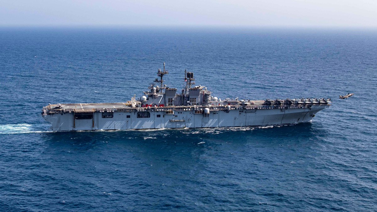 A U.S. Marine Corps F-35B Lightning II launches from amphibious assault ship USS Tripoli (LHA 7) while sailing in the Arabian Sea, April 24.