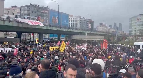 Thousands gathering at Istanbul's Mecidiyeköy Square on May 1, 2026, attempting to reach Taksim Square for May Day events.