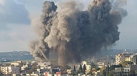 An Israeli airstrike on the town of Haboush, Southern Lebanon, 1 May 2026.