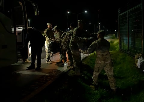 Soldiers of the 76th Infantry Brigade Combat Team, “Task Force Nighthawk”, arrive to begin training during KFOR 31 in Hohenfels Training Area in Germany on Oct. 3, 2022.