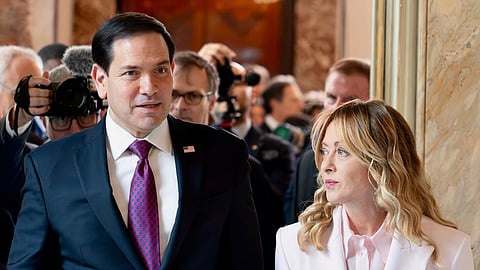Italian Prime Minister Giorgia Meloni met US Secretary of State Marco Rubio at Palazzo Chigi on May 8, 2026, for talks captured in a photo of the two leaders walking together amid press.