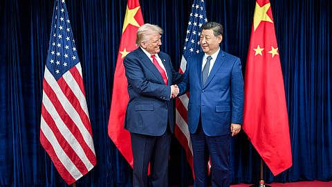President Trump greets Xi Jinping before a bilateral meeting at the Gimhae International Airport terminal, Thursday, October 30, 2025, in Busan, South Korea.