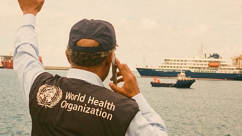 WHO Director-General Dr. Tedros coordinates response from the port as the MV Hondius arrives amid the hantavirus outbreak.