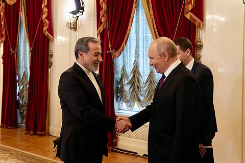 Iran's Foreign Minister Abbas Araghchi on April 28, 2026, meeting Russian President Vladimir Putin in St. Petersburg.