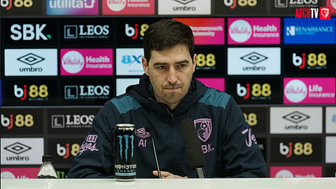 Andoni Iraola, pictured during a press conference as AFC Bournemouth manager in 2026.