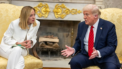 President Donald Trump holds a bilateral meeting with Prime Minister Giorgia Meloni of Italy, Thursday, April 17, 2025, in the Oval Office.