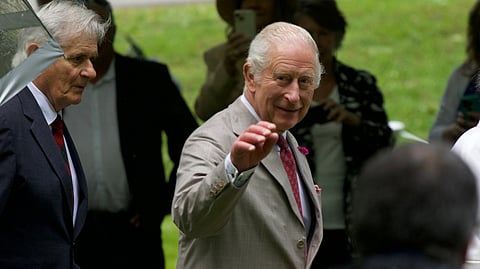 King Charles III waves to the public during his state visit to Canada at Rideau Hall, Ottawa, on May 26, 2025.