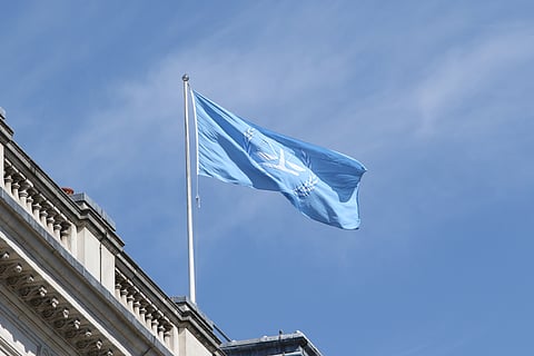 The flag of the International Criminal Court flies on the Foreign Office building in London, 17 July 2018.