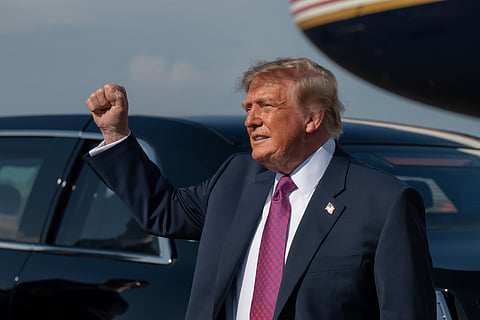President Donald Trump is seen after disembarking Air Force One, Thursday, Aug. 27, 2026, at Ellington Field Joint Reserve Base in Houston, Texas.