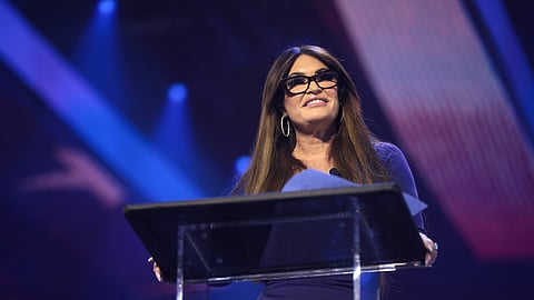 Kimberly Guilfoyle speaking with attendees at the 2022 AmericaFest at the Phoenix Convention Center in Phoenix, Arizona.