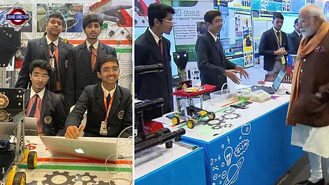 Students of Radiant International School Patna presenting their innovation to Prime Minister Narendra Modi