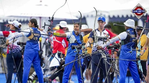 Archers Bhajan Kaur, Ankita Bhakat and Deepika Kumari during women’s individual ranking round at the Summer Olympics 2024, at Gardens of Les Invalides, in Paris, on July 25, 2024.
