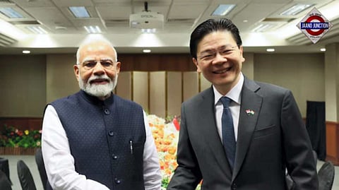 Prime Minister Narendra Modi with his Singaporean counterpart, Lawrence Wong.