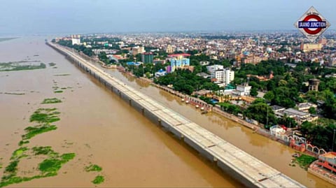 An aerial view of the flooded collectorate ghat at the bank of Ganga river in Patna.