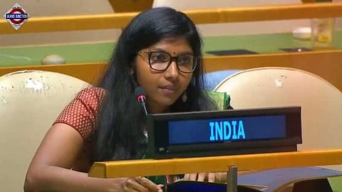 Indian diplomat Bhavika Mangalanandan replies to Pakistani PM Shehbaz Sharif at UNGA.