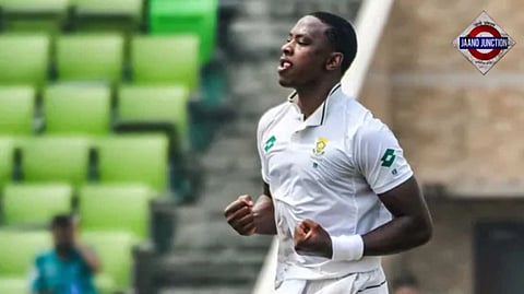South Africa's Kagiso Rabada celebrates after taking the wicket of Bangladesh's Mushfiqur Rahim.