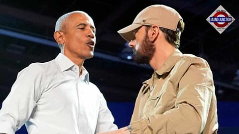 Eminem and Barack Obama at a campaign rally for Kamala Harris on Tuesday