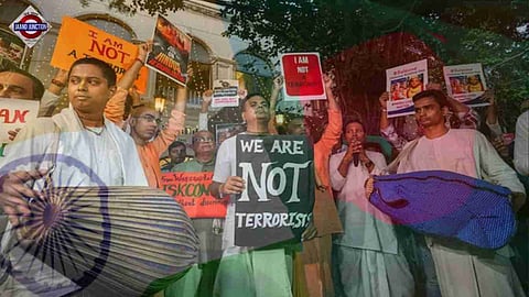 Iskcon members protest over Arrest of Hindu monk Chinmoy Krishna Das in Bangladesh.