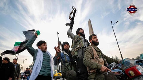 Syrian opposition fighters celebrate the fall of the Syrian government, in Damascus, Syria on December 8, 2024.