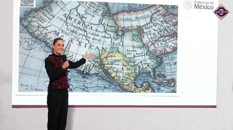 Mexican President Claudia Sheinbaum displays a 1661 world map showing the "America Mexicana" continent at the National Palace in Mexico City in this photo distributed on Jan. 8.