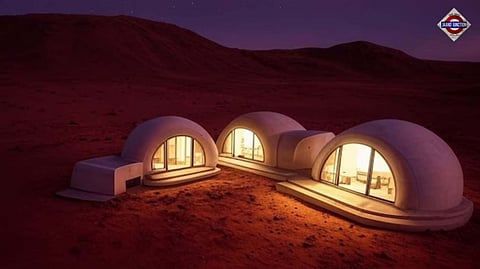 A generative AI image of concrete houses constructed on Mars.