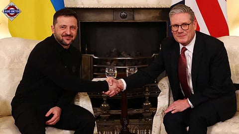 Britain's Prime Minister Keir Starmer shakes hands with Ukraine's President Volodymyr Zelensky.