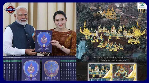 PM Narendra Modi receives 'The World Tipitaka: Sajjhaya Phonetic Edition' from his Thai counterpart Paetongtarn Shinawatra; (right) Thailand released a special stamp depicting Ramayana murals to mark Modi's visit to the country.