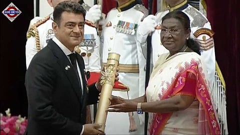 Ajith Kumar receiving his Padma Bhushan from President Droupadi Murmu.