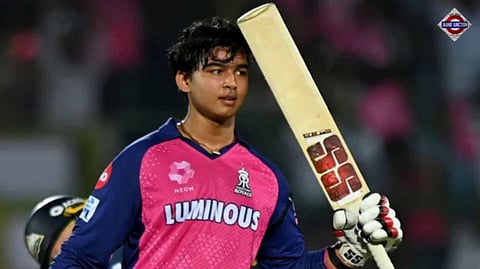 The Rajasthan Royals' Vaibhav Suryavanshi celebrates after becoming the youngest player to score an IPL century against the Gujarat Titans at Sawai Mansingh Stadium, Jaipur, India on April 28, 2025