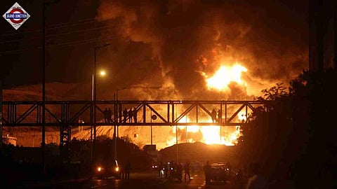 Fire of attack on Sharan Oil depot is seen following the Israeli strikes on Iran.