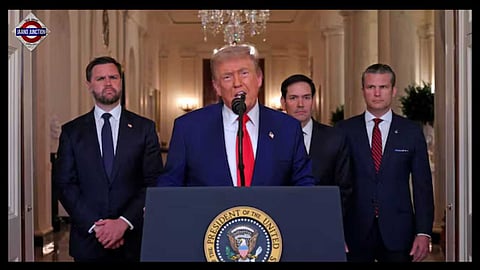US President Donald Trump addresses the nation, alongside US Vice President JD Vance, US Secretary of State Marco Rubio and US Secretary of Defense Pete Hegseth, from the White House.