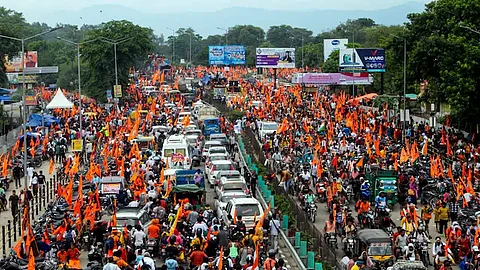 Vehicles stuck in traffic jam due to movement of 'Kanwariyas' on the eve of conclusion of the 'Kanwar Yatra' during the holy month of 'Shravan', on the Delhi- Haridwar Expressway.