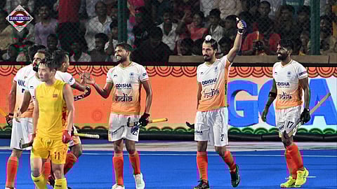 India’s Raj Kumar Pal (25) celebrates scoring the fourth goal against China during the Asia Cup Men’s Hockey.