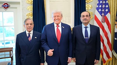 Pakistan PM Shehbaz Sharif (extreme left) and Army chief Asim Munir (extreme right) with US President Donald Trump in White House.
