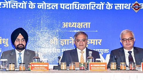 Gyanesh Kumar with Election Commissioners Sukhbir Singh Sandhu and Vivek Joshi during a meeting in Bihar.