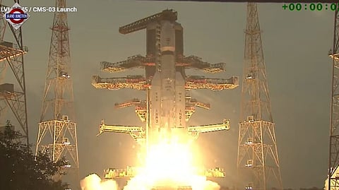 CMS-03 launches on LVM3 rocket to space.