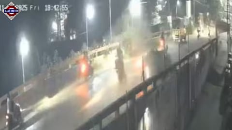 CCTV footage from the scene shows a speeding car crashing into several two-wheelers.