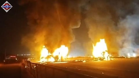 At least five people were charred to death after a private sleeper bus caught fire