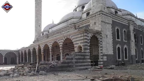 Images released by Syria’s state-run Arab News Agency showed blood-stained carpets, holes in the walls, shattered windows, and fire damage inside the mosque.