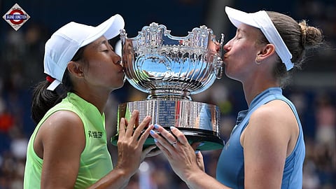 Elise Mertens (right) and Zhang Shuai (left) beat Anna Danilina and Aleksandra Krunic in the final to lift the women’s doubles title at the Rod Laver Arena.
