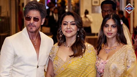 Shah Rukh Khan arrives with Gauri Khan and Suhana Khan at Arjun Tendulkar and Saaniya Chandhok’s grand Mumbai wedding.