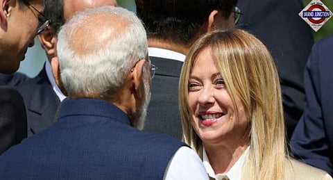 Italian Prime Minister Giorgia Meloni and Prime Minister Narendra Modi share a light-hearted moment on the sidelines of the G7 Summit in France.
