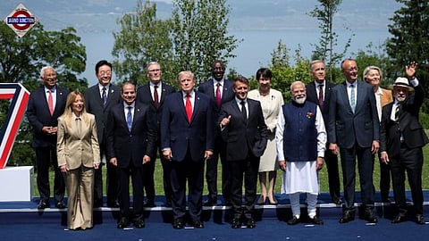 Prime Minister Narendra Modi with US President Donald Trump, French President Emmanuel Macron, and other global leaders at the G7 Summit.